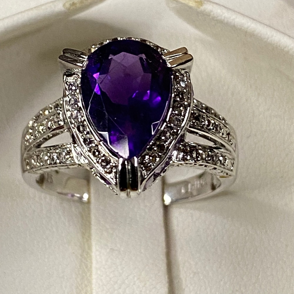 African Amethyst & White Topaz Ring Pear Cut Sterling Silver 4.42CTW Sz 9